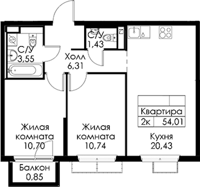 2-комнатная квартира 54.01 м², 11/15 эт., ЖК «Янинский лес»